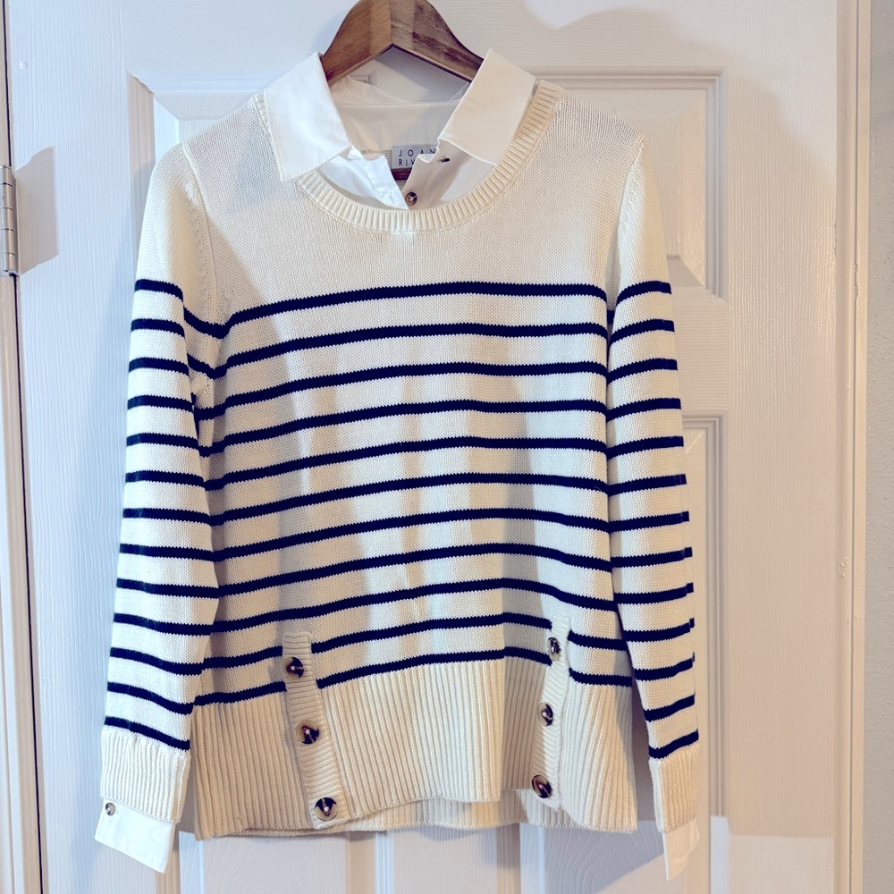 Joan Rivers Striped Sweater With Woven Collar And Cuffs Ivory Medium‎ A653581